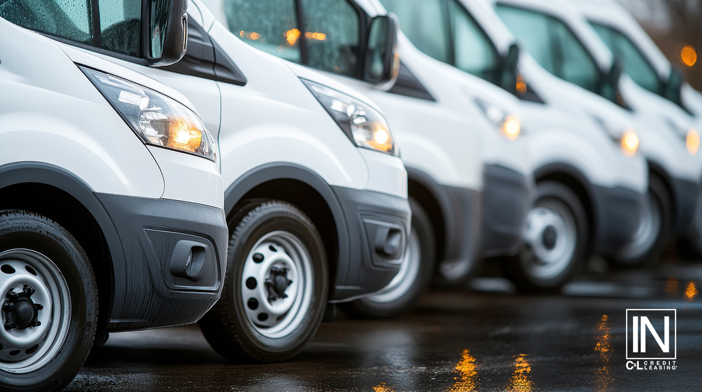 Fila de vans de carga blancas estacionadas bajo la lluvia con los faros encendidos. Portada del artículo Arrendamiento: ¿Puro o Financiero?