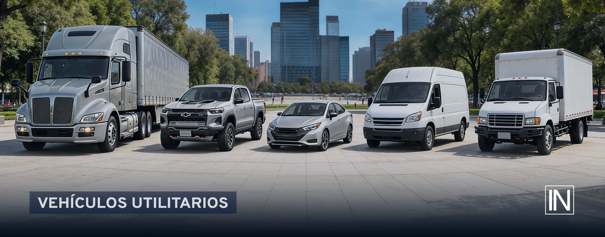 variedad de vehículos utilitarios comerciales y furgonetas blancas para flotillas de empresas.