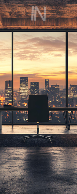 Imagen vertical para banner lateral que muestra la vista de los edificios desde dentro de una oficina